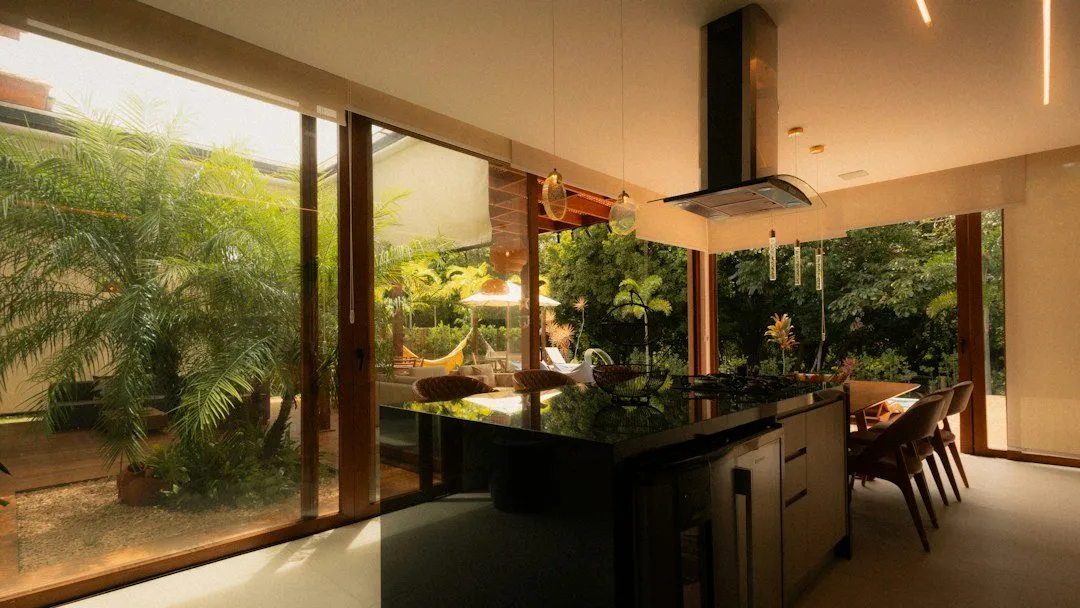 Modern kitchen with island and garden view