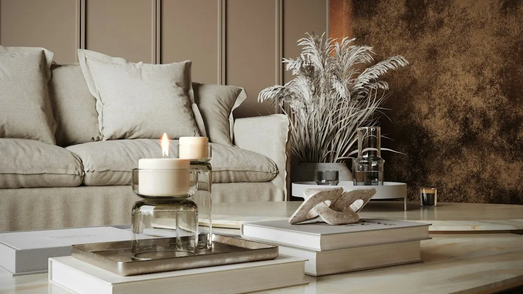 A living room with a couch and a coffee table
